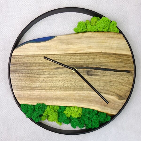 Resin wall clock made of walnut wood and with an accent of blue epoxy