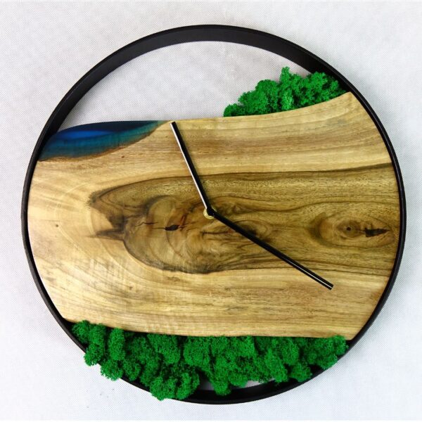 Walnut Wood Wall Clock with Epoxy Resin and Moss