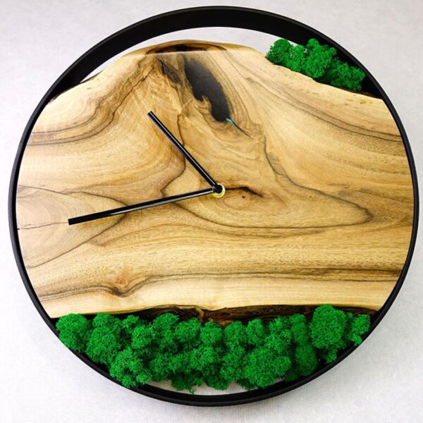 Wooden Wall Clock with Moss and Epoxy Resin