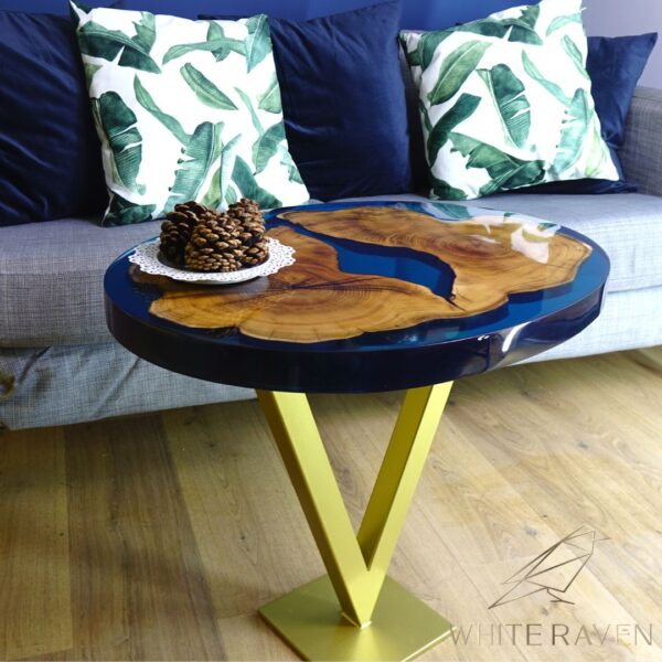 Oval Table with Dark Blue Epoxy Resin and Acacia Wood