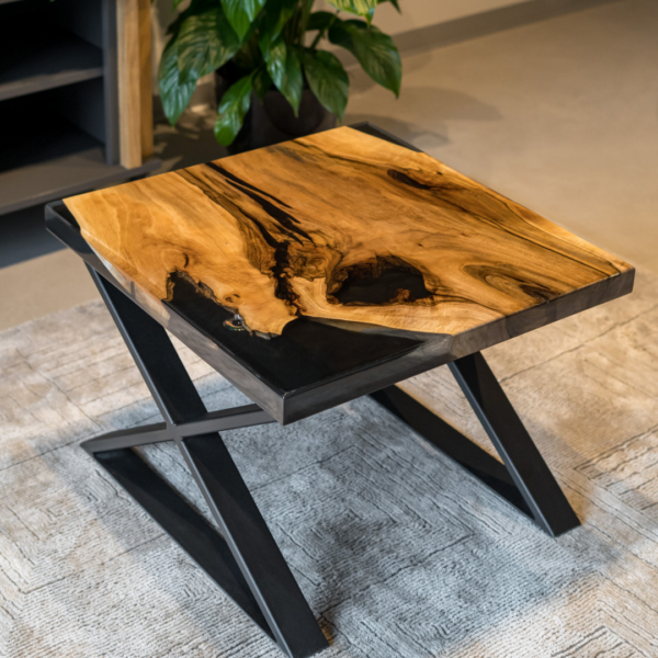 Epoxy coffee table made of black resin and walnut wood