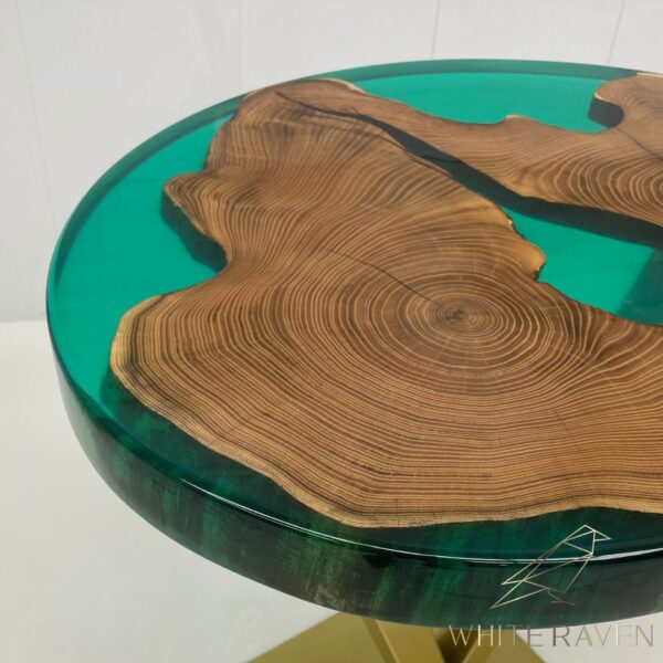 Coffee table with green epoxy resin and acacia wood