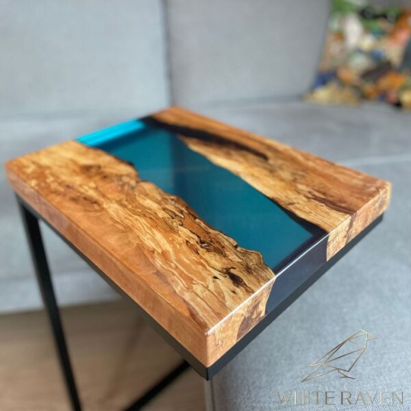 Side Table in Beech Wood and Blue Epoxy Resin