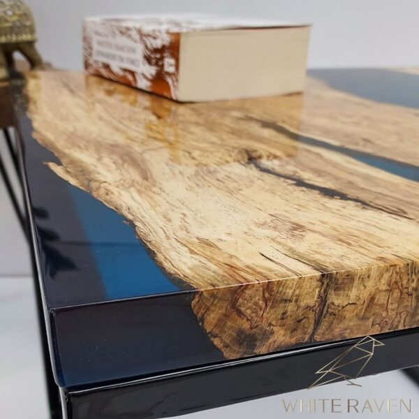 Coffee Table in Beech Wood and Blue Epoxy Resin