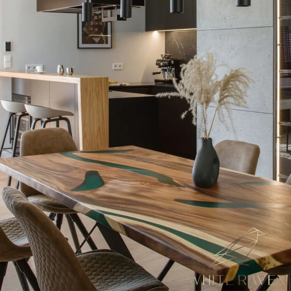 Stół z żywicy i drewna suar SAMAN GREEN