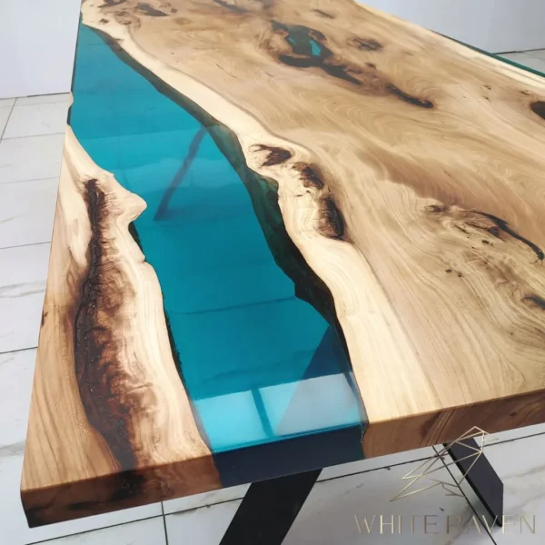 Stół drewniany z turkusową żywicą epoksydową BLUE RIVER