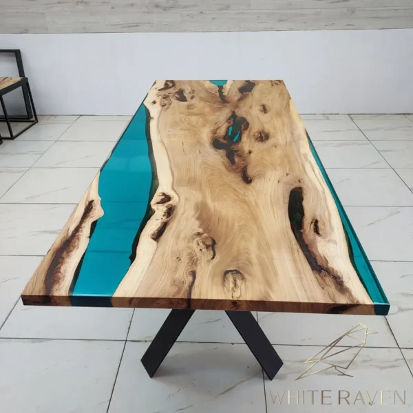 Stół drewniany z turkusową żywicą epoksydową BLUE RIVER
