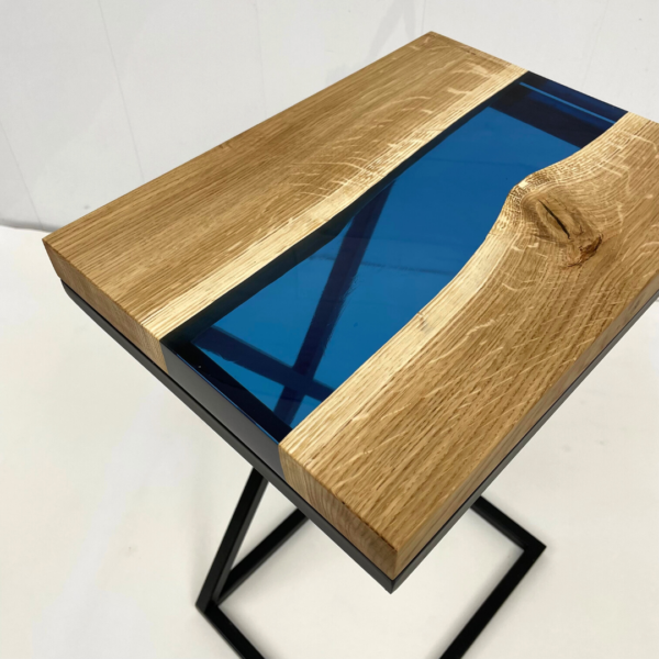Epoxy Side Table made of Oak Wood and Blue Epoxy Resin