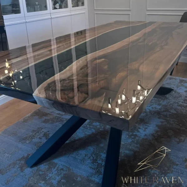 Stół jadalniany z żywicą epoksydową WALNUT RIVER 3D