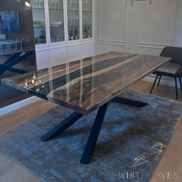 Stół jadalniany z żywicą epoksydową WALNUT RIVER 3D