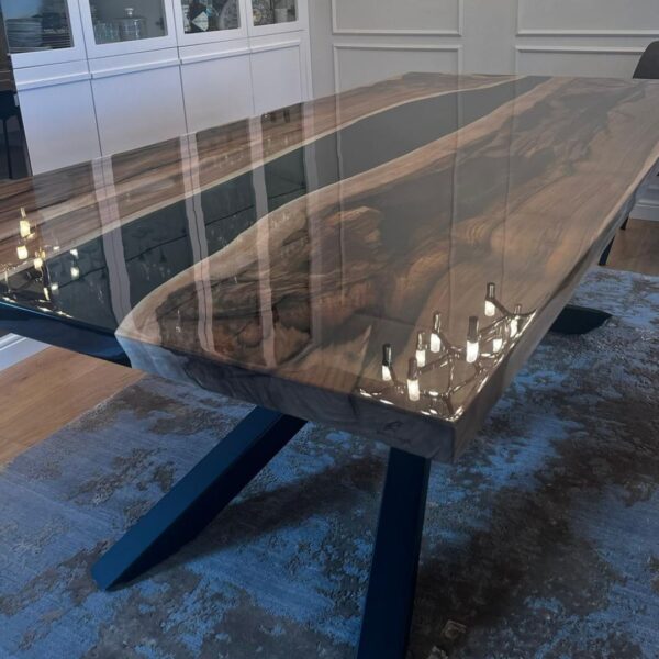 Stół jadalniany z żywicą epoksydową WALNUT RIVER 3D