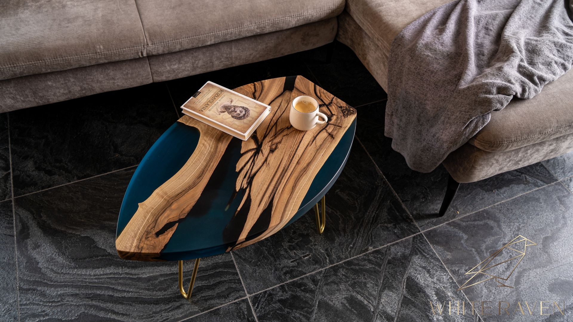 Coffee table with resin