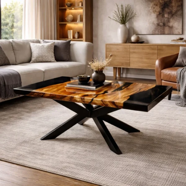 Drewniany stolik kawowy z czarną żywicą i drewnem oliwy włoskiej